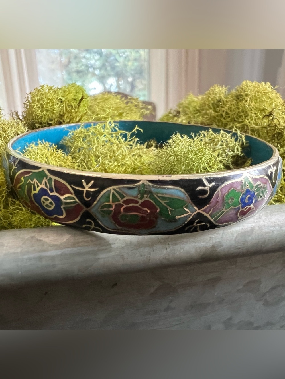 Vintage Estate Flower Leaves Black Cloisonné Enamel Wide Bangle Bracelet - Picture 14 of 14